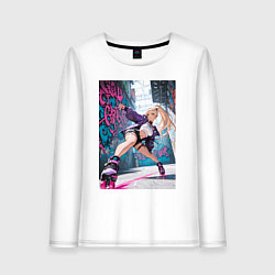 Лонгслив хлопковый женский Девушка на роликах исполняет трюки, цвет: белый
