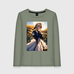 Лонгслив хлопковый женский Вайолет Эвергарден на поле пшеницы, цвет: авокадо