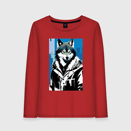 Женский лонгслив Волк в мегаполисе - нейроарт / Красный – фото 1