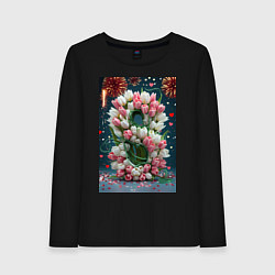 Лонгслив хлопковый женский Тюльпаны к празднику 8 марта, цвет: черный
