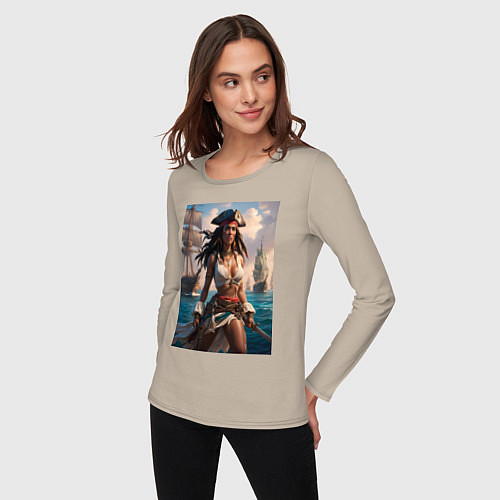 Женский лонгслив Пиратка на фона флотилии кораблей / Миндальный – фото 3