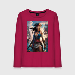 Лонгслив хлопковый женский Пиратка на фона флотилии кораблей, цвет: маджента