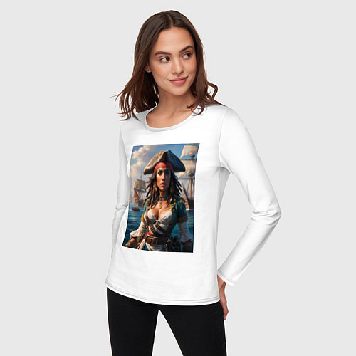 Женский лонгслив Пиратка на фона флотилии кораблей / Белый – фото 3