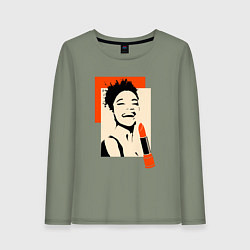 Лонгслив хлопковый женский Девушка с помадой в стиле поп-арт, цвет: авокадо