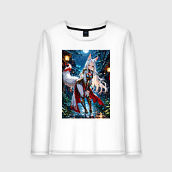 Лонгслив хлопковый женский Белоснежная лиса лунной ночью, цвет: белый