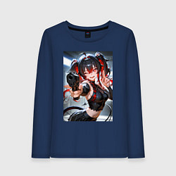 Лонгслив хлопковый женский Девушка-демон с пистолетом, цвет: тёмно-синий