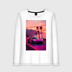 Лонгслив хлопковый женский Суперкар едет около океана, цвет: белый