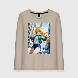 Лонгслив хлопковый женский Позитивная лисичка поднимающая настроение, цвет: миндальный