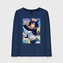 Лонгслив хлопковый женский Позитивная лисичка поднимающая настроение, цвет: тёмно-синий
