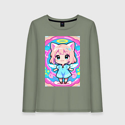 Лонгслив хлопковый женский Милая кошка в сарафане, цвет: авокадо