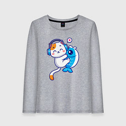 Лонгслив хлопковый женский Котик и рыба, цвет: меланж