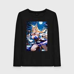 Лонгслив хлопковый женский Лисица с катаной на фоне Луны, цвет: черный