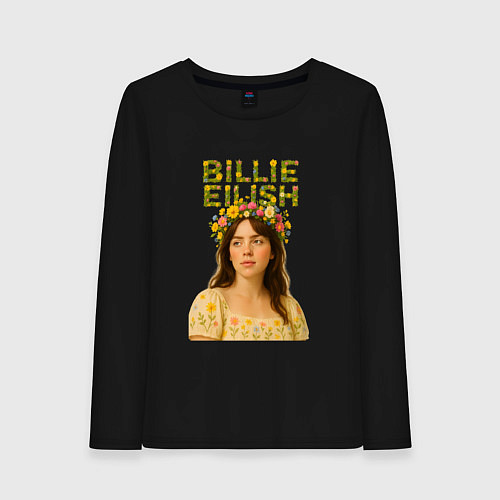 Женский лонгслив Билли Айлиш с венком цветов на голове / Черный – фото 1