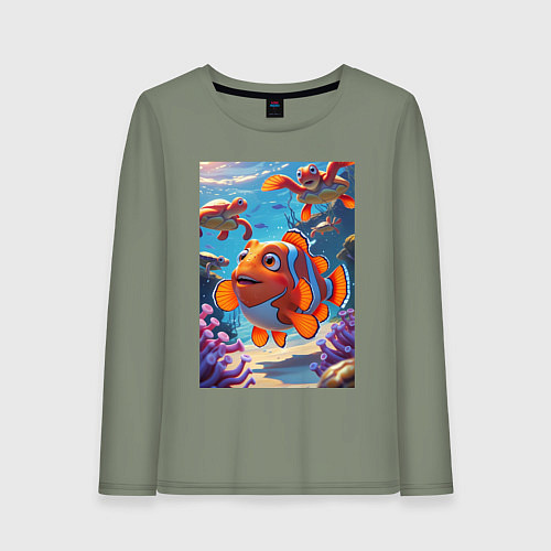 Женский лонгслив Рыбка клоун плавает с черепахами / Авокадо – фото 1