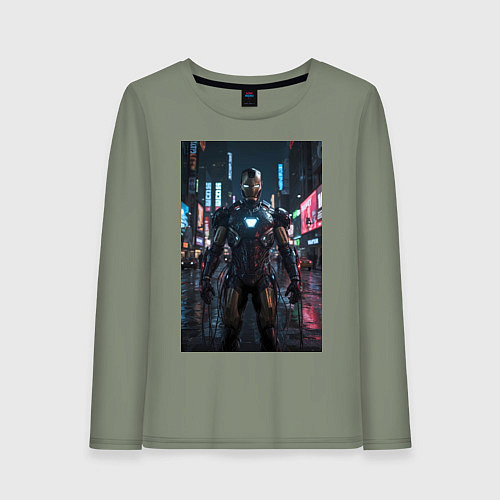 Женский лонгслив Железный человек посреди ночного города / Авокадо – фото 1