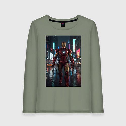 Женский лонгслив Железный человек посреди ночного города / Авокадо – фото 1