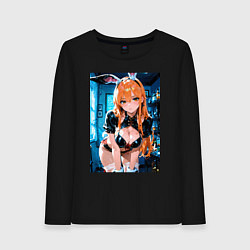 Лонгслив хлопковый женский Девушка в откровенном наряде с ушками, цвет: черный