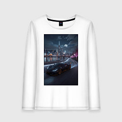 Лонгслив хлопковый женский Черный суперкар едет к мегаполису, цвет: белый