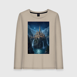Лонгслив хлопковый женский Замок в стиле Хогвартс под звездным небом, цвет: миндальный