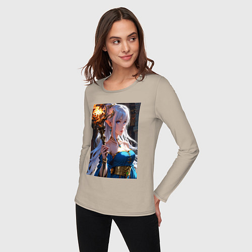 Женский лонгслив Прекрасная эльфийка-маг с шаром огня / Миндальный – фото 3