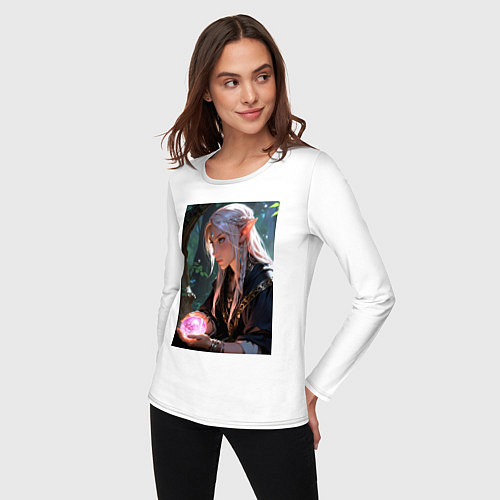 Женский лонгслив Серьёзная эльфийка с магической сферой / Белый – фото 3