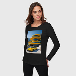 Лонгслив хлопковый женский Желтый суперкар у дома, цвет: черный — фото 2