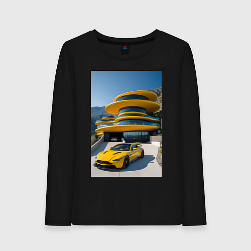 Женский лонгслив Желтый суперкар у дома / Черный – фото 1