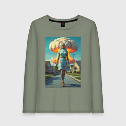 Лонгслив хлопковый женский Девушка в костюме монашки уходит от взрыва, цвет: авокадо