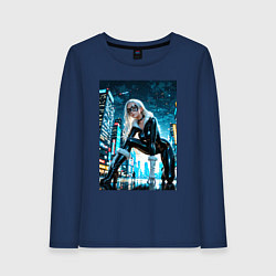 Лонгслив хлопковый женский Эпичная стойка Черной кошки, цвет: тёмно-синий