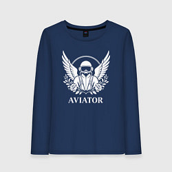 Лонгслив хлопковый женский Авиатор с крыльями и цветами, цвет: тёмно-синий