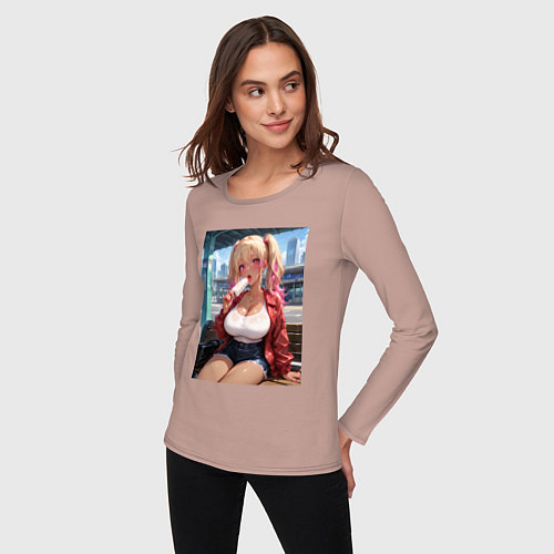 Женский лонгслив Гяру эротично кушает мороженное / Пыльно-розовый – фото 3