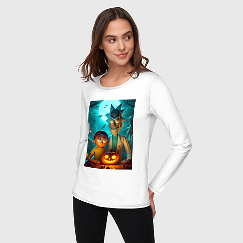 Женский лонгслив Rick and Morty with pumpkin - halloween night / Белый – фото 3