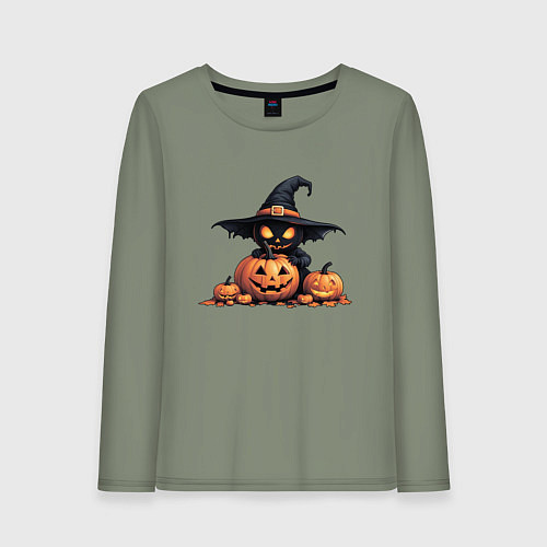 Женский лонгслив Черный призрак в ведьмовской шляпе сидит на тыкве / Авокадо – фото 1