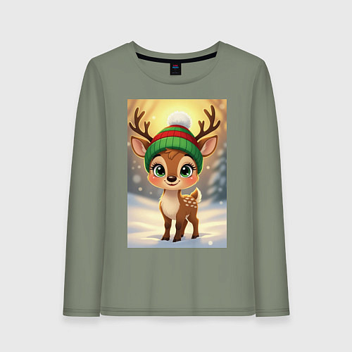 Женский лонгслив Рождественский олененок в лесу / Авокадо – фото 1