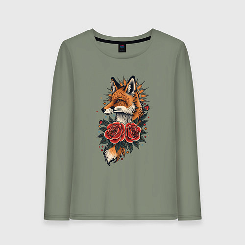 Женский лонгслив Татуировка лисы с розами / Авокадо – фото 1