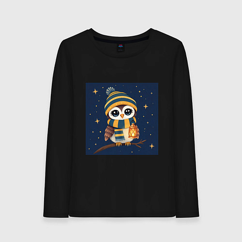 Женский лонгслив Сова в шапке и шарфе с фонарём / Черный – фото 1