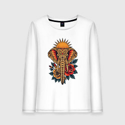 Женский лонгслив Слон на фоне солнца с розами в стиле тату