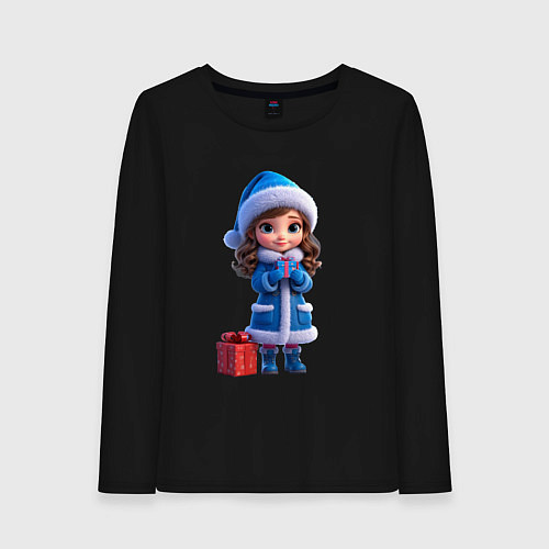 Женский лонгслив Снегурочка с подарком / Черный – фото 1
