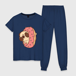 Пижама хлопковая женская Мопс-пончик, цвет: тёмно-синий