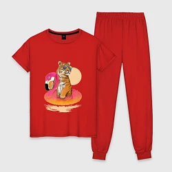 Пижама хлопковая женская Тигр на фламинго, цвет: красный