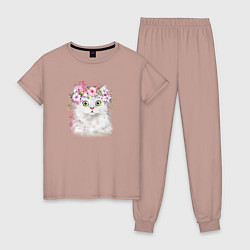 Пижама хлопковая женская Котик В Цветах, цвет: пыльно-розовый