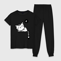 Пижама хлопковая женская Спящий кот, цвет: черный