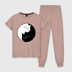 Пижама хлопковая женская Yin and Yang cats, цвет: пыльно-розовый