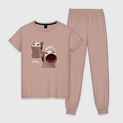 Пижама хлопковая женская Cat Pop - Мем, цвет: пыльно-розовый