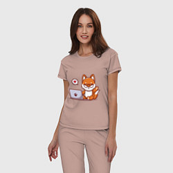 Пижама хлопковая женская Cute fox and laptop, цвет: пыльно-розовый — фото 2