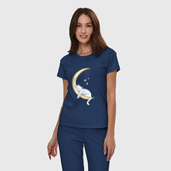 Пижама хлопковая женская Спящий на луне кот, цвет: тёмно-синий — фото 2