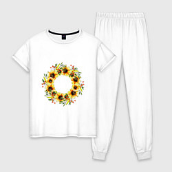 Пижама хлопковая женская Летний венок из подсолнухов, цвет: белый