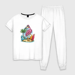 Пижама хлопковая женская Фламинго на пляже, цвет: белый