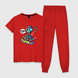 Пижама хлопковая женская Скелет на скейте, цвет: красный