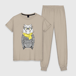 Пижама хлопковая женская Hipster Cat, цвет: миндальный